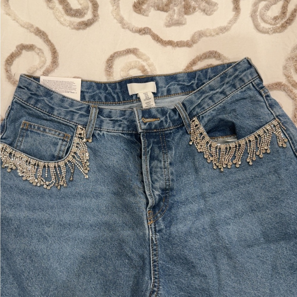 H&M Blue Denim Wide-Leg Jeans with Beaded Fringe